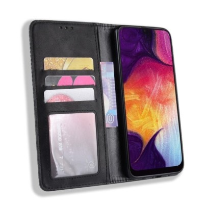 Samsung Galaxy A50 A505F (A50s A507F, A30s A307F) „Vintage“ atvēramais ādas melns maciņš (maks) / Vacins.lv