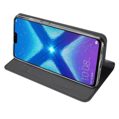 Huawei Honor 8X „Dux Ducis“ Skin sērijas melns ādas atvērams maciņš / Vacins.lv