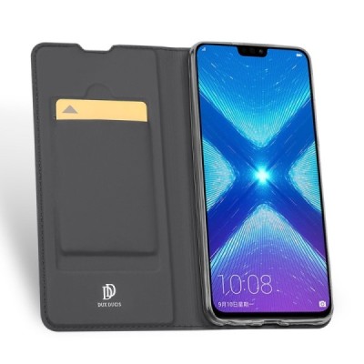 Huawei Honor 8X „Dux Ducis“ Skin sērijas melns ādas atvērams maciņš / Vacins.lv