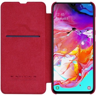 Роскошный красный кожаный чехол Nillkin Qin Series для Samsung Galaxy A70 (A705F) | Vacins.lv