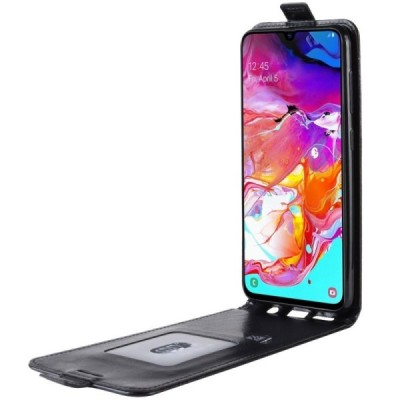 Samsung Galaxy A70 (A705F) klasisks ādas vertikāli atvēramais melns maciņš / Vacins.lv