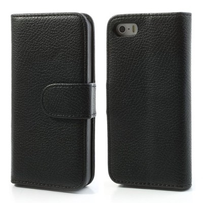 Apple iPhone 5 / 5S atvēramais melns ādas Lychee futrālis - maciņš / Vacins.lv