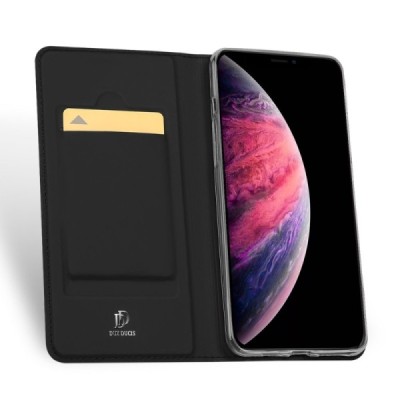 Apple iPhone 11 Pro Max „Dux Ducis“ Skin sērijas melns ādas atvērams maciņš / Vacins.lv