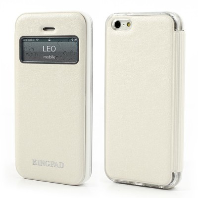 „Kingpad“ Apple iPhone 5, Apple iPhone 5S S View atvēramais balts ādas maciņš / Vacins.lv