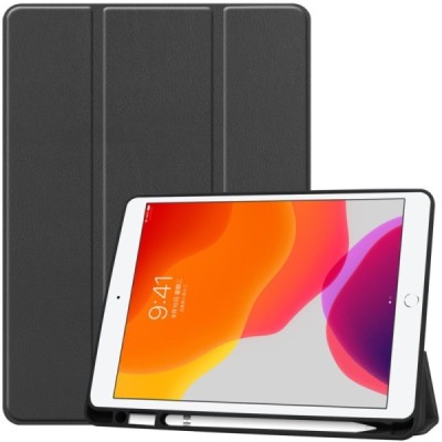 Apple iPad 10.2 (2019) atvēramais melns maciņš - maks ar vietu, kur ielikt stylus | Vacins.lv