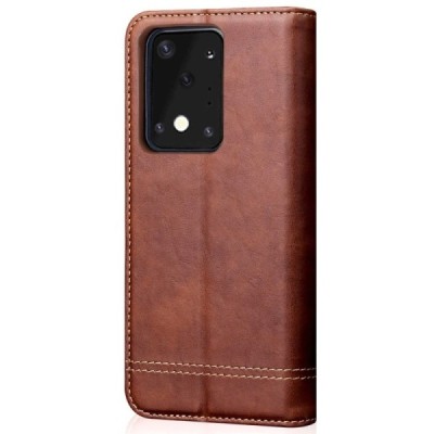 Deluxe Samsung Galaxy S20 Ultra (G988) тёмно-коричневый кожаный чехол-книжка | Vacins.lv
