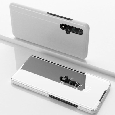 Huawei Nova 5T (Honor 20) plastmasas atvērams sudrabs ādas maciņš / Vacins.lv