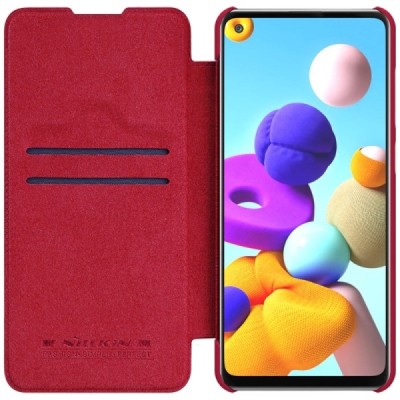 Роскошный красный кожаный чехол Nillkin Qin Series для Samsung Galaxy A21s (A217) | Vacins.lv