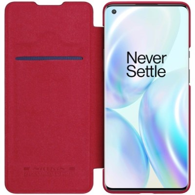 Роскошный красный кожаный чехол Nillkin Qin Series для OnePlus 8 Pro | Vacins.lv