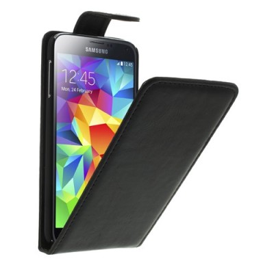 Samsung Galaxy S5 (S5 Neo) klasisks ādas vertikāli atvēramais melns futrālis / Vacins.lv