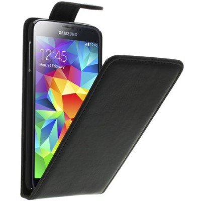 Samsung Galaxy S5 (S5 Neo) klasisks ādas vertikāli atvēramais melns futrālis / Vacins.lv