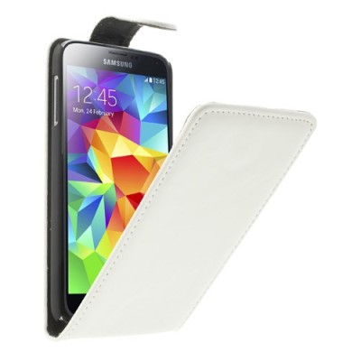 Samsung Galaxy S5 (S5 Neo) klasisks ādas vertikāli atvēramais balts futrālis / Vacins.lv