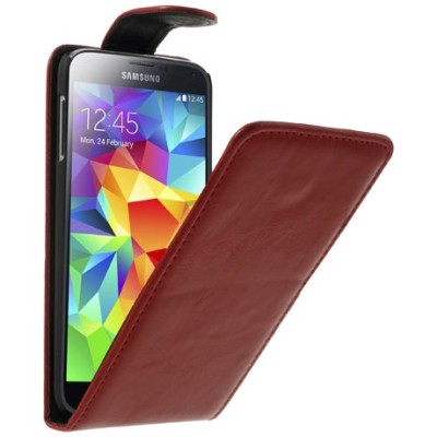 Samsung Galaxy S5 (S5 Neo) klasisks ādas vertikāli atvēramais sarkans futrālis / Vacins.lv