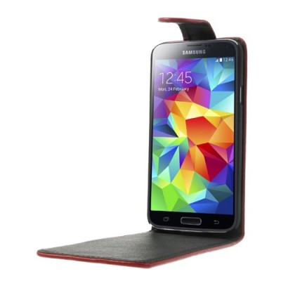 Samsung Galaxy S5 (S5 Neo) klasisks ādas vertikāli atvēramais sarkans futrālis / Vacins.lv