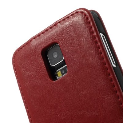 Samsung Galaxy S5 (S5 Neo) klasisks ādas vertikāli atvēramais sarkans futrālis / Vacins.lv