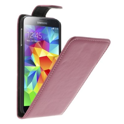 Samsung Galaxy S5 (S5 Neo) klasisks ādas vertikāli atvēramais rozs futrālis / Vacins.lv