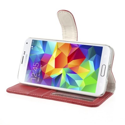 Samsung Galaxy S5 (S5 Neo) atvēramais sarkans ādas Lychee futrālis - maciņš / Vacins.lv