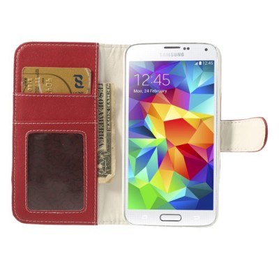 Samsung Galaxy S5 (S5 Neo) atvēramais sarkans ādas Lychee futrālis - maciņš / Vacins.lv