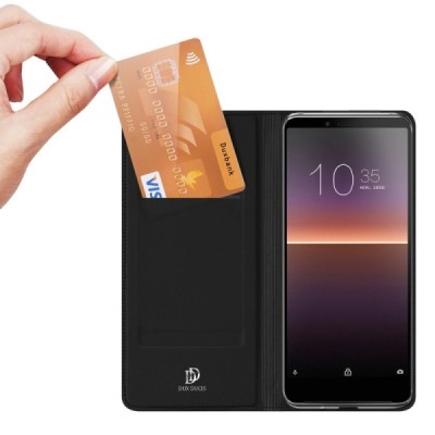 Sony Xperia 10 II „Dux Ducis“ Skin sērijas melns ādas atvērams maciņš | Vacins.lv