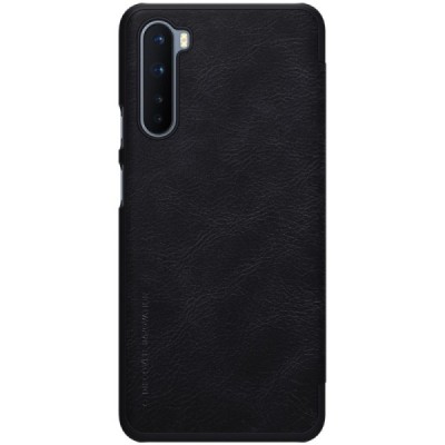 Роскошный чёрный кожаный чехол Nillkin Qin Series для OnePlus Nord | Vacins.lv
