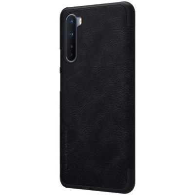 Роскошный чёрный кожаный чехол Nillkin Qin Series для OnePlus Nord | Vacins.lv