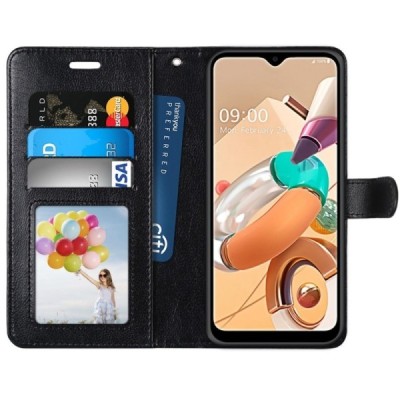 LG K51s (LM-K510) открываемый чёрный кожаный чехол - книжка | Vacins.lv