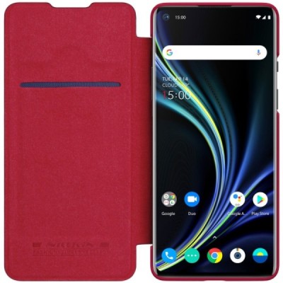 Роскошный красный кожаный чехол Nillkin Qin Series для OnePlus 8 | Vacins.lv