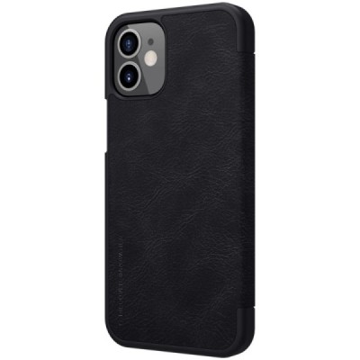 Роскошный чёрный кожаный чехол Nillkin Qin Series для Apple iPhone 12 Mini | Vacins.lv