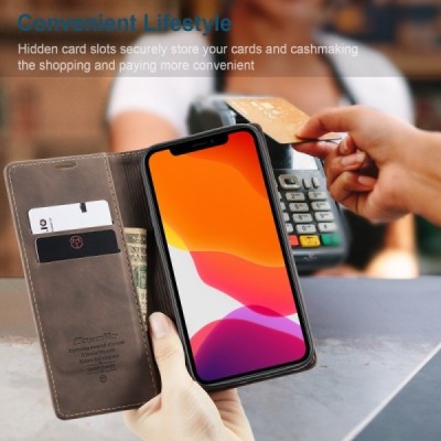 Apple iPhone 12 (12 Pro) CaseMe Retro solīds atvēramais ādas tumši brūns maciņš - maks | Vacins.lv