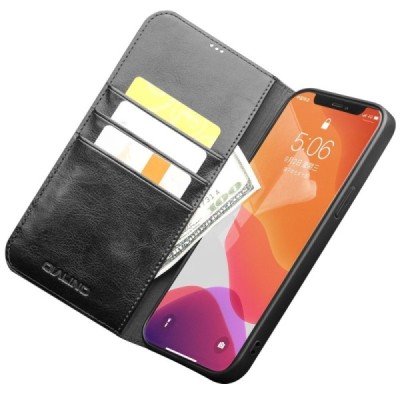 Apple iPhone 12 Mini „QIALINO“ atvēramais ādas melns maciņš - maks | Vacins.lv