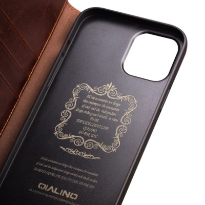 Apple iPhone 12 Mini „QIALINO“ открываемый коричневый кожаный чехол - книжка | Vacins.lv