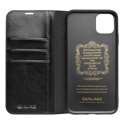Apple iPhone 11 „QIALINO“ atvēramais ādas melns maciņš - maks | Vacins.lv