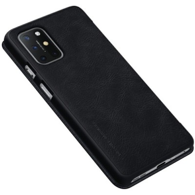 Роскошный чёрный кожаный чехол Nillkin Qin Series для OnePlus 8T | Vacins.lv