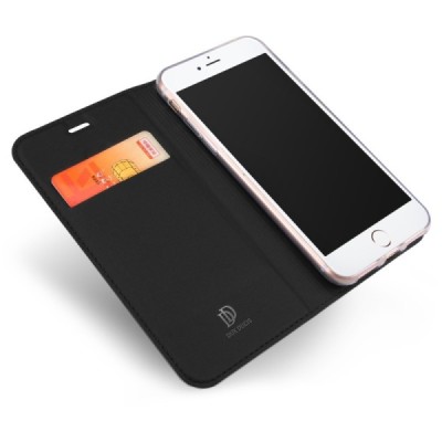 Apple iPhone SE 2020 (iPhone 7, 8) „Dux Ducis“ Skin sērijas melns ādas atvērams maciņš | Vacins.lv