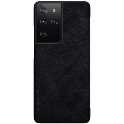 Роскошный чёрный кожаный чехол Nillkin Qin Series для Samsung Galaxy S21 Ultra (G998B) | Vacins.lv