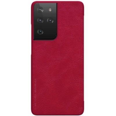 Роскошный красный кожаный чехол Nillkin Qin Series для Samsung Galaxy S21 Ultra (G998B) | Vacins.lv