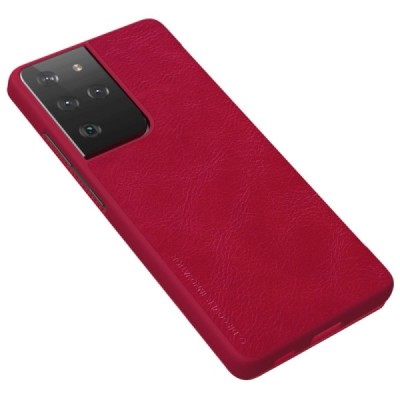 Роскошный красный кожаный чехол Nillkin Qin Series для Samsung Galaxy S21 Ultra (G998B) | Vacins.lv