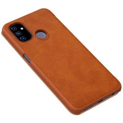 Роскошный коричневый кожаный чехол Nillkin Qin Series для OnePlus Nord N100 | Vacins.lv