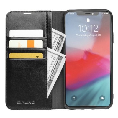 Apple iPhone 11 Pro Max „QIALINO“ atvēramais ādas melns maciņš - maks | Vacins.lv