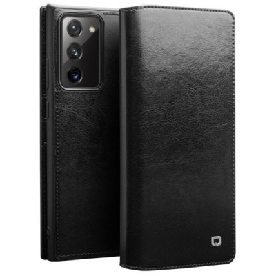 Samsung Galaxy Note 20 (N980F) „QIALINO“ atvēramais ādas melns maciņš - maks | Vacins.lv