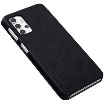 Роскошный чёрный кожаный чехол Nillkin Qin Series для Samsung Galaxy A32 5G | Vacins.lv