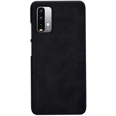 Роскошный чёрный кожаный чехол Nillkin Qin Series для Xiaomi Redmi 9T 5G | Vacins.lv