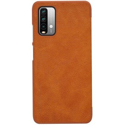 Роскошный коричневый кожаный чехол Nillkin Qin Series для Xiaomi Redmi 9T 5G | Vacins.lv