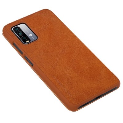 Роскошный коричневый кожаный чехол Nillkin Qin Series для Xiaomi Redmi 9T 5G | Vacins.lv
