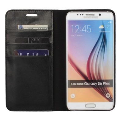 Samsung Galaxy S6 Edge+ (G928) „Faux Leather“ solīds atvēramais ādas melns maciņš - maks | Vacins.lv
