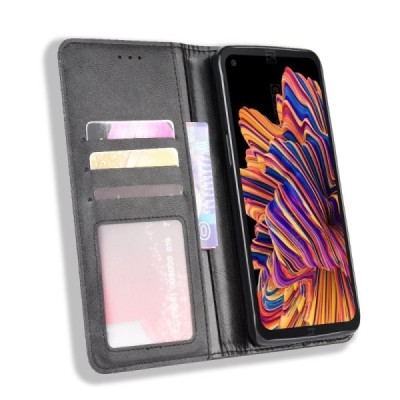 Samsung Galaxy XCover Pro (G715) Vintage melns ādas atvērams maciņš ar magnetu | Vacins.lv