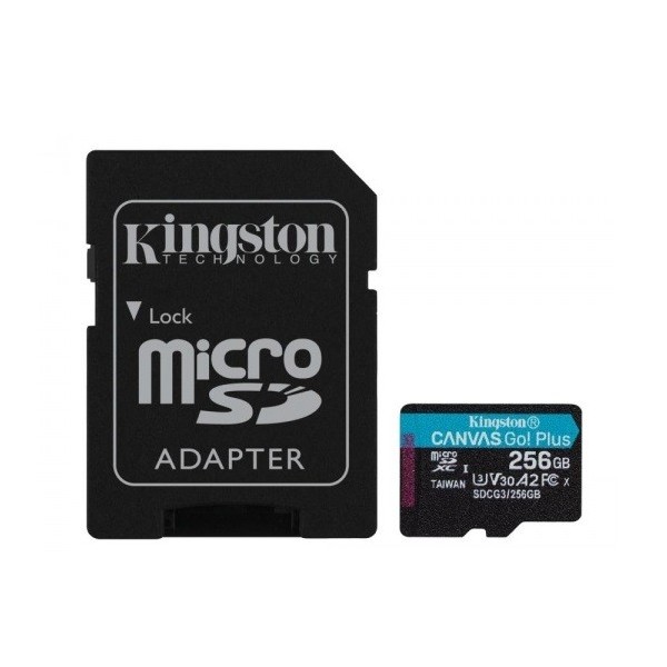 „Kingston“ Canvas Go Plus MicroSD atmiņas karte - 256 Gb (10 Klase) + SD adapteris
