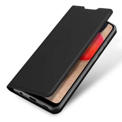 Samsung Galaxy A02s A025 (166.5x75.9x9.2mm) Dux Ducis Skin sērijas melns ādas atvērams maciņš | Vacins.lv