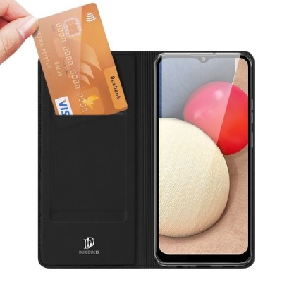 Samsung Galaxy A02s A025 (166.5x75.9x9.2mm) Dux Ducis Skin sērijas melns ādas atvērams maciņš | Vacins.lv