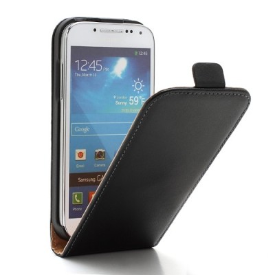 Samsung Galaxy S4 mini klasisks ādas vertikāli atvēramais melns futrālis / Vacins.lv